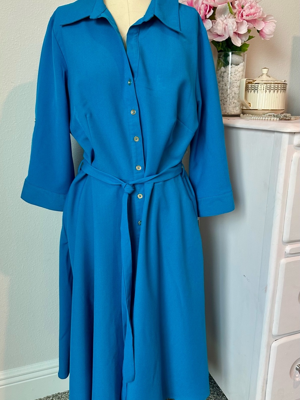 Sharagano Teal Blue Button-Front Midi Dress